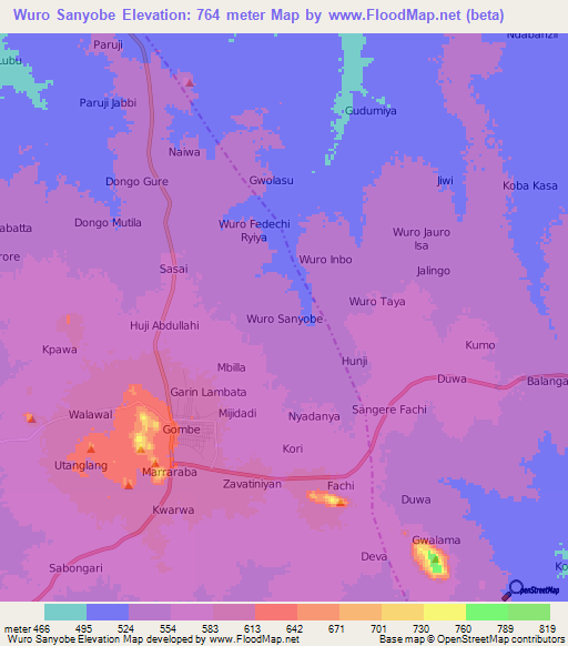 Wuro Sanyobe,Nigeria Elevation Map