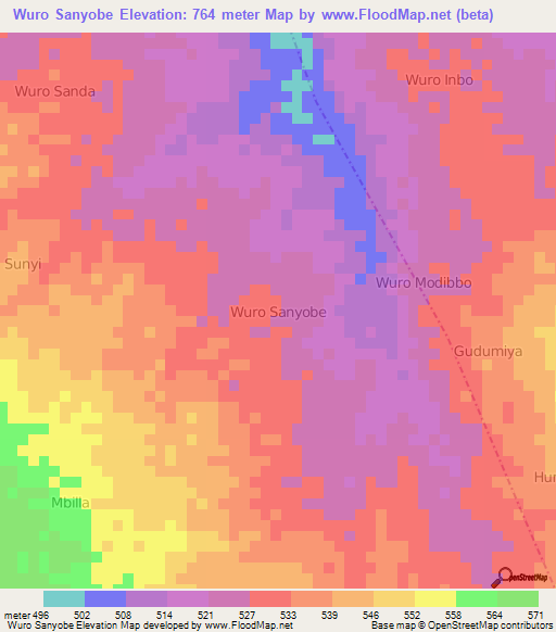 Wuro Sanyobe,Nigeria Elevation Map