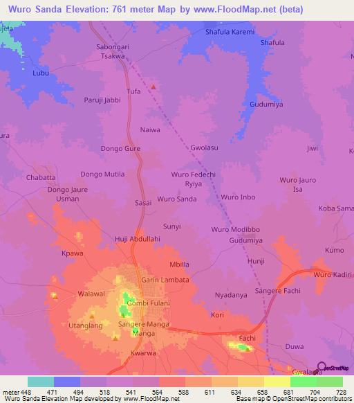 Wuro Sanda,Nigeria Elevation Map
