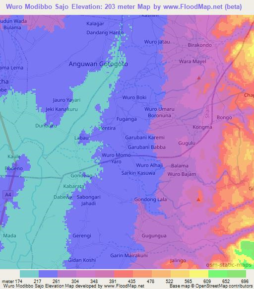 Wuro Modibbo Sajo,Nigeria Elevation Map