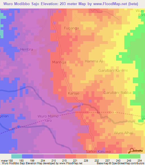 Wuro Modibbo Sajo,Nigeria Elevation Map