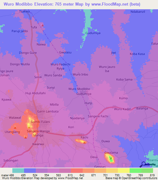 Wuro Modibbo,Nigeria Elevation Map