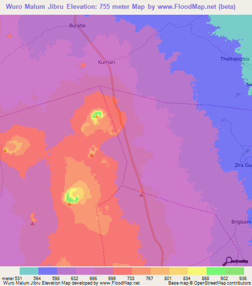 Wuro Malum Jibru,Nigeria Elevation Map