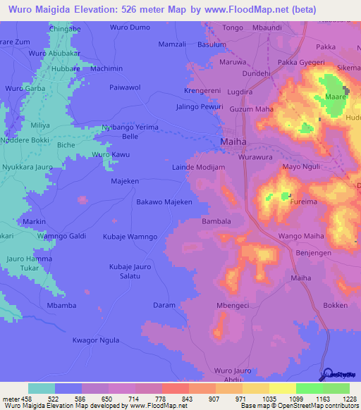 Wuro Maigida,Nigeria Elevation Map
