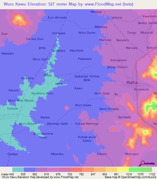 Wuro Kawu,Nigeria Elevation Map