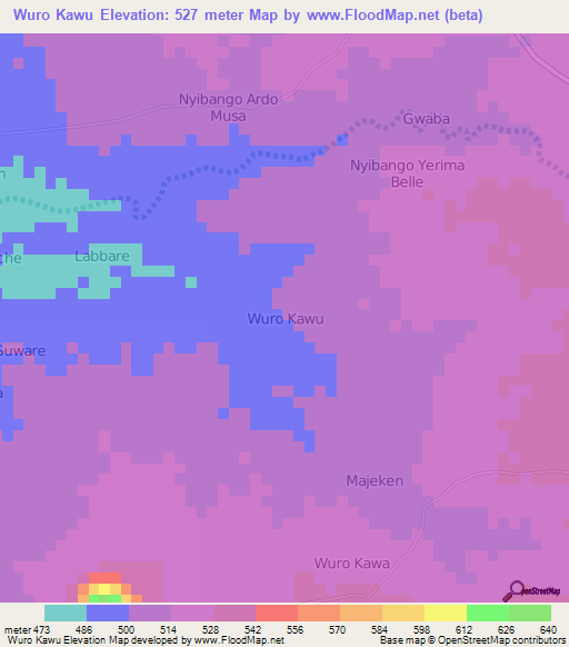 Wuro Kawu,Nigeria Elevation Map