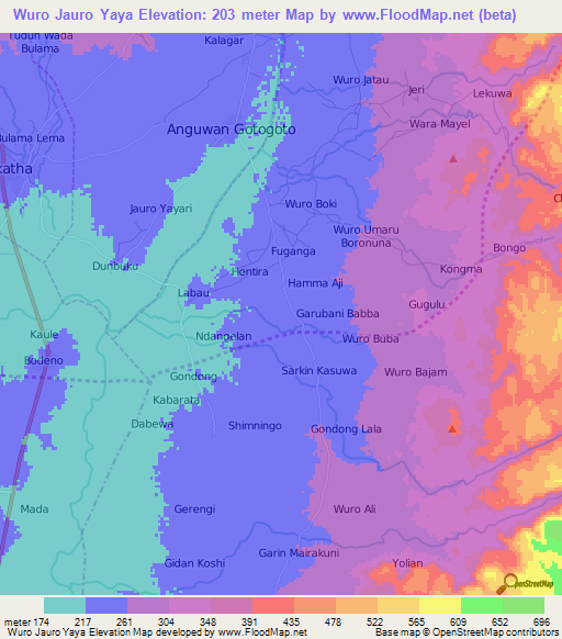 Wuro Jauro Yaya,Nigeria Elevation Map