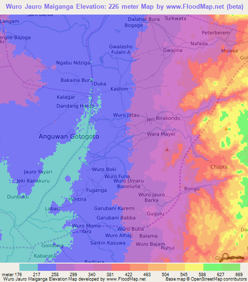Wuro Jauro Maiganga,Nigeria Elevation Map
