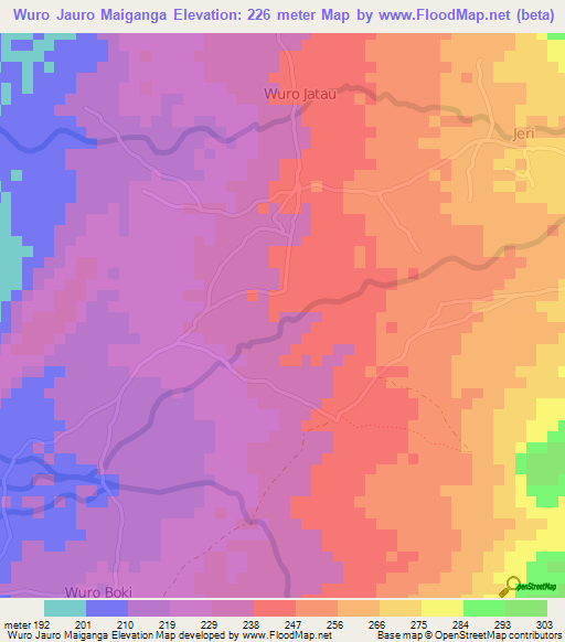 Wuro Jauro Maiganga,Nigeria Elevation Map