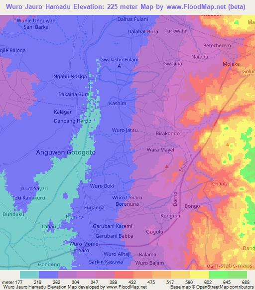 Wuro Jauro Hamadu,Nigeria Elevation Map