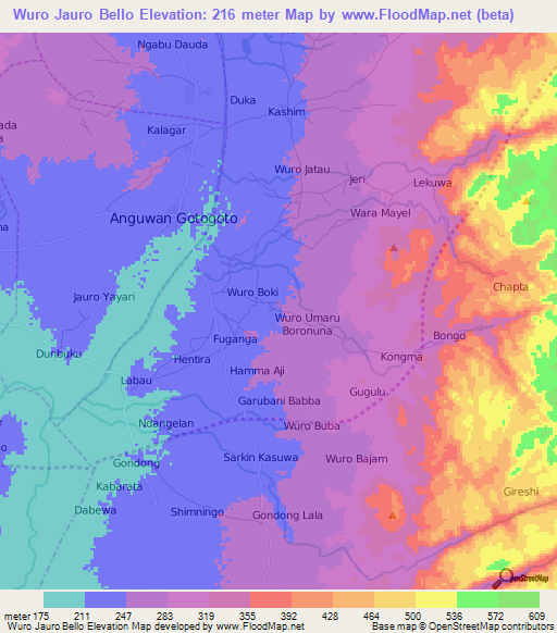 Wuro Jauro Bello,Nigeria Elevation Map