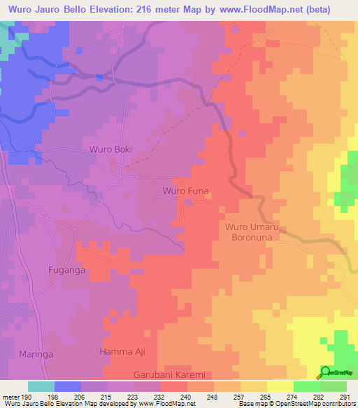 Wuro Jauro Bello,Nigeria Elevation Map