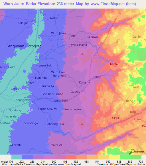 Wuro Jauro Barka,Nigeria Elevation Map