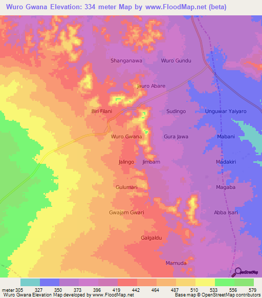 Wuro Gwana,Nigeria Elevation Map