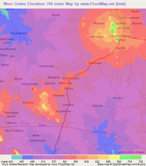 Wuro Golare,Nigeria Elevation Map