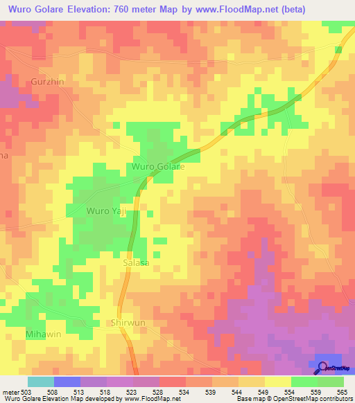 Wuro Golare,Nigeria Elevation Map