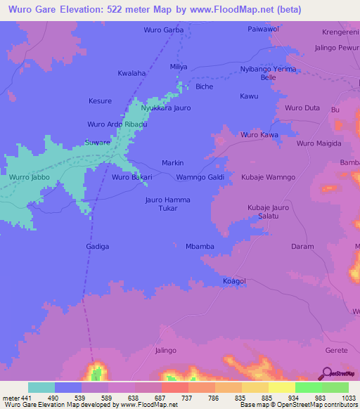 Wuro Gare,Nigeria Elevation Map