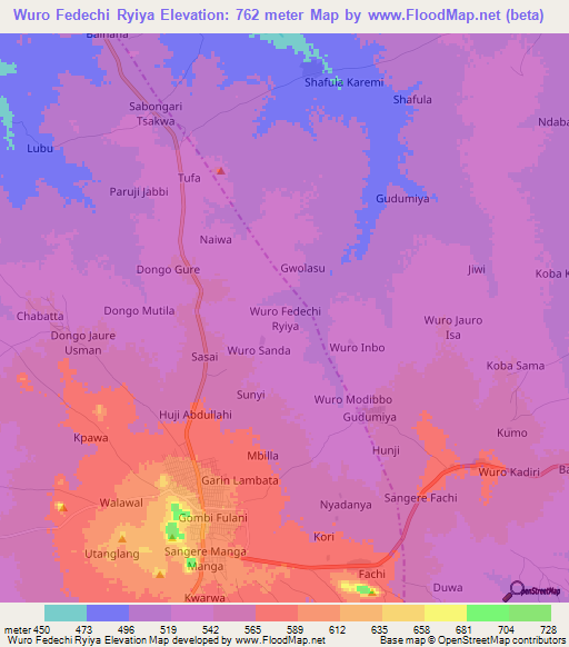 Wuro Fedechi Ryiya,Nigeria Elevation Map