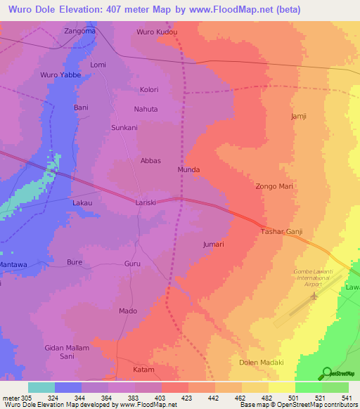 Wuro Dole,Nigeria Elevation Map