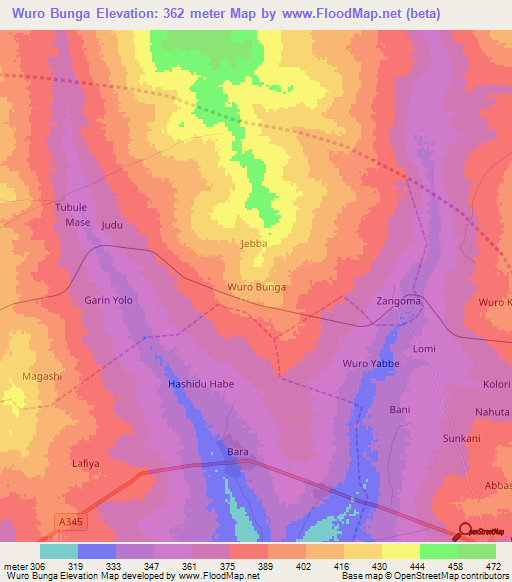 Wuro Bunga,Nigeria Elevation Map