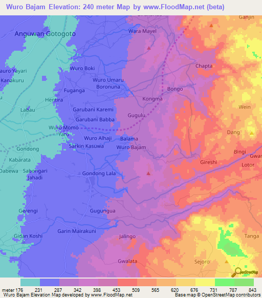 Wuro Bajam,Nigeria Elevation Map