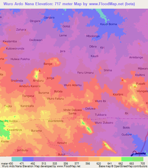 Wuro Ardo Nana,Nigeria Elevation Map