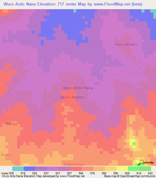 Wuro Ardo Nana,Nigeria Elevation Map