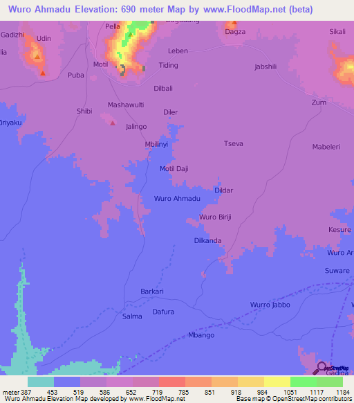 Wuro Ahmadu,Nigeria Elevation Map