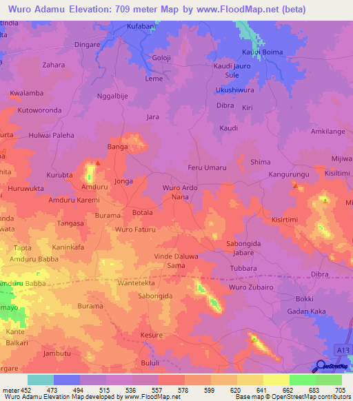 Wuro Adamu,Nigeria Elevation Map