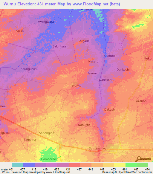 Wurnu,Nigeria Elevation Map