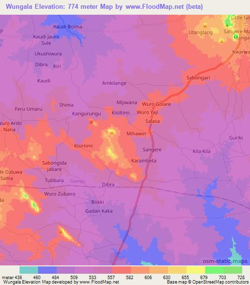 Wungala,Nigeria Elevation Map