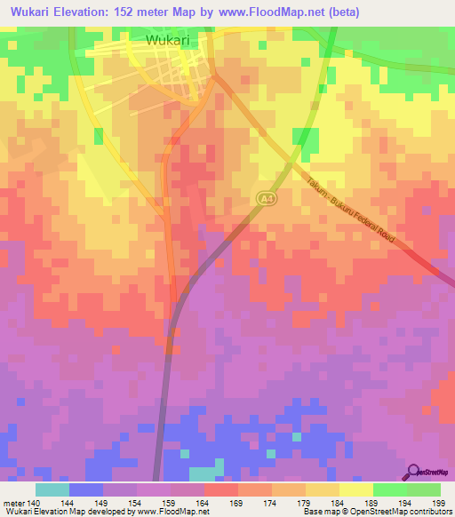 Wukari,Nigeria Elevation Map