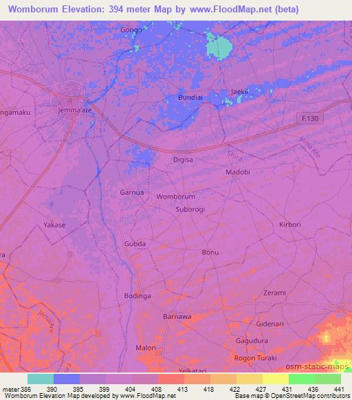 Womborum,Nigeria Elevation Map