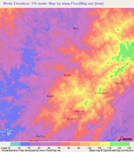 Woda,Nigeria Elevation Map