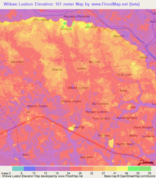 Wiikwe Luebon,Nigeria Elevation Map