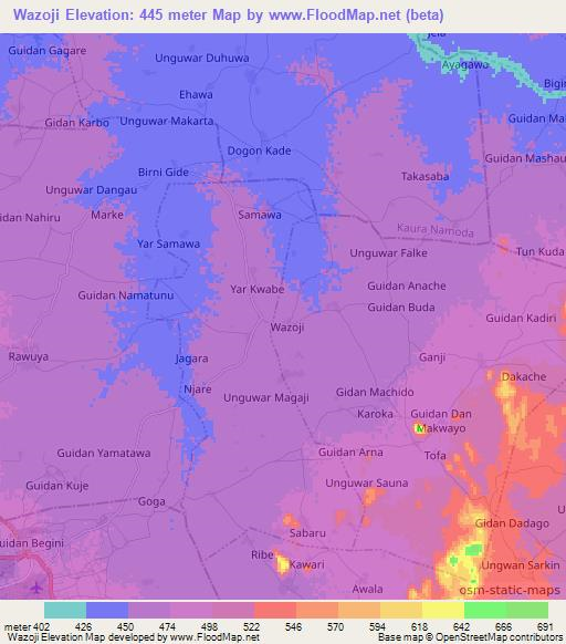 Wazoji,Nigeria Elevation Map