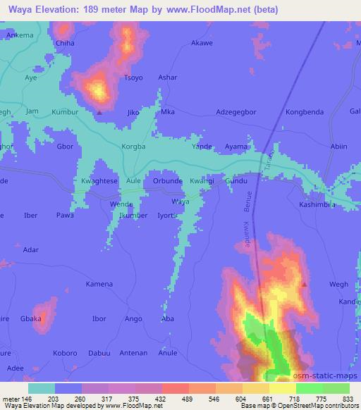 Waya,Nigeria Elevation Map