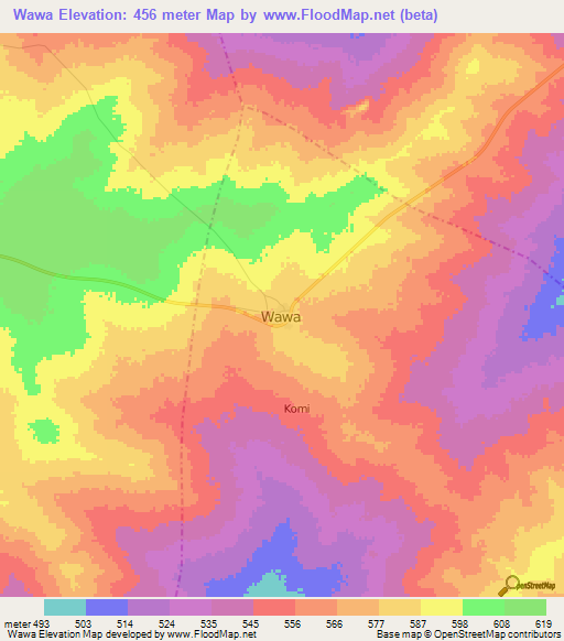 Wawa,Nigeria Elevation Map