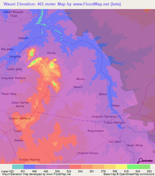 Wauni,Nigeria Elevation Map