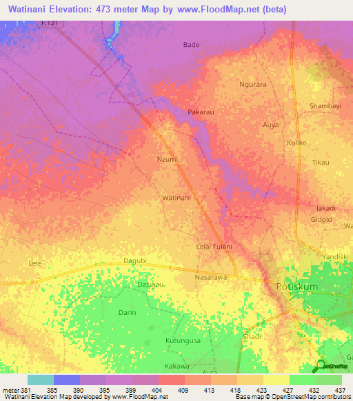 Watinani,Nigeria Elevation Map