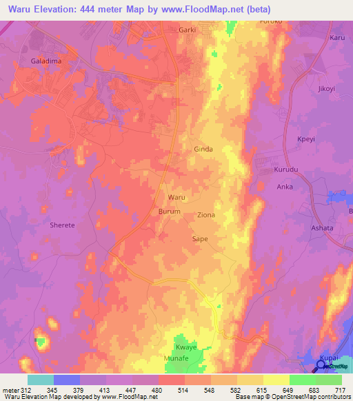 Waru,Nigeria Elevation Map