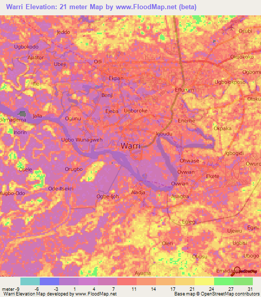 Warri,Nigeria Elevation Map