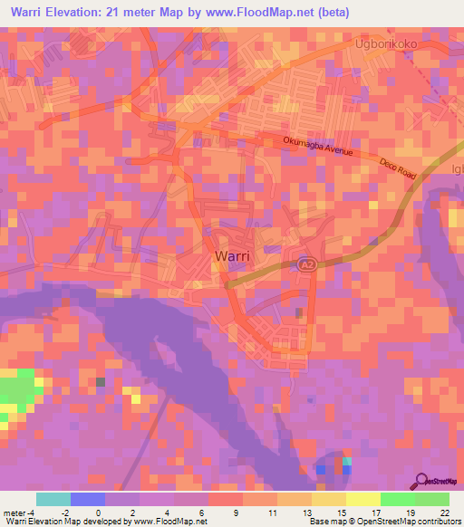 Warri,Nigeria Elevation Map