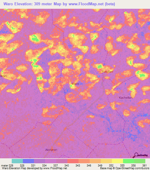 Waro,Nigeria Elevation Map