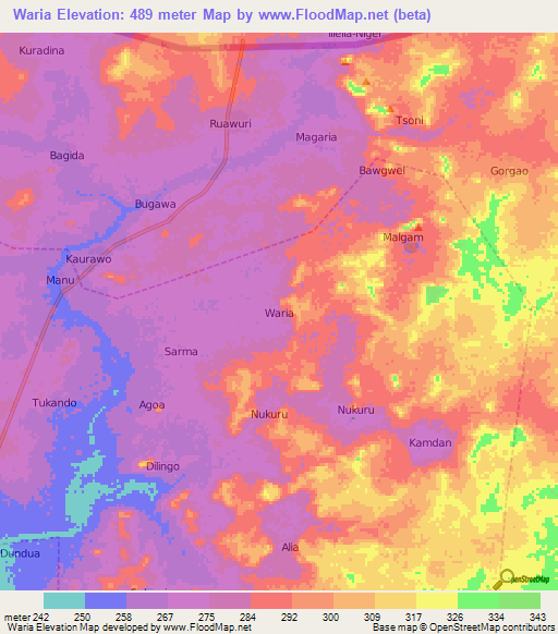 Waria,Nigeria Elevation Map