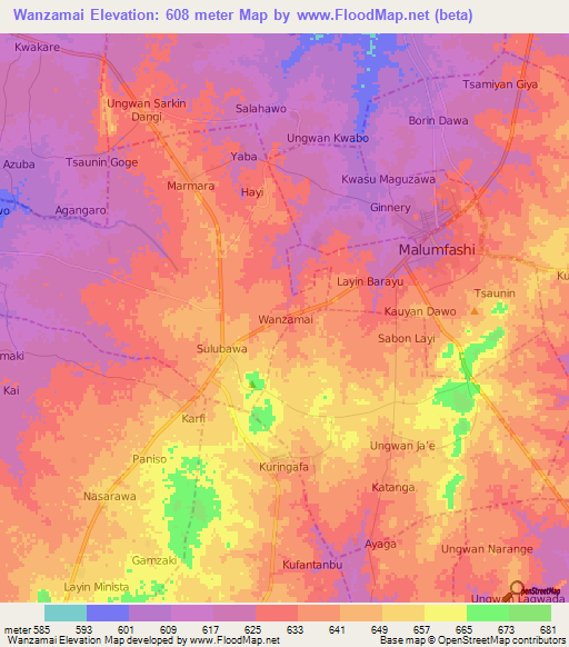 Wanzamai,Nigeria Elevation Map