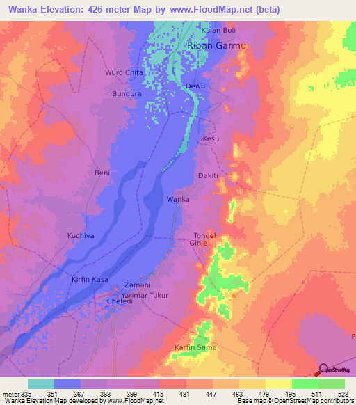 Wanka,Nigeria Elevation Map