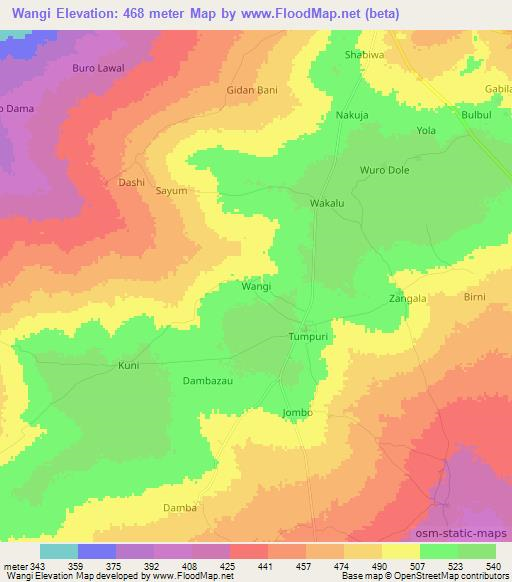 Wangi,Nigeria Elevation Map