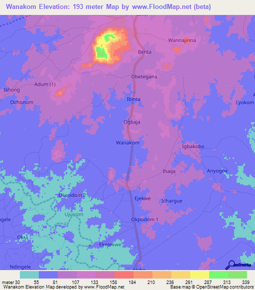 Wanakom,Nigeria Elevation Map