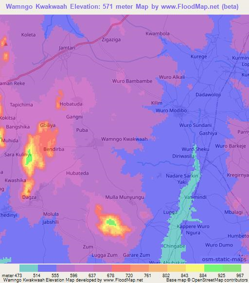 Wamngo Kwakwaah,Nigeria Elevation Map